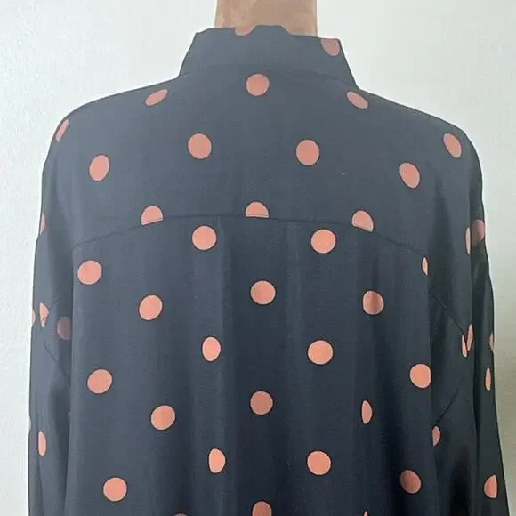 Loft Black with Tan Polka Dots Long Sleeve Collared Blouse Oversized Small - Picture 6 of 10